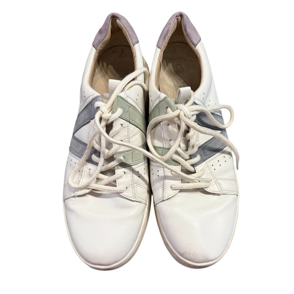 Vionic White Leather Sneakers Size 9.5 Men’s – Green & Blue Stripe Detail